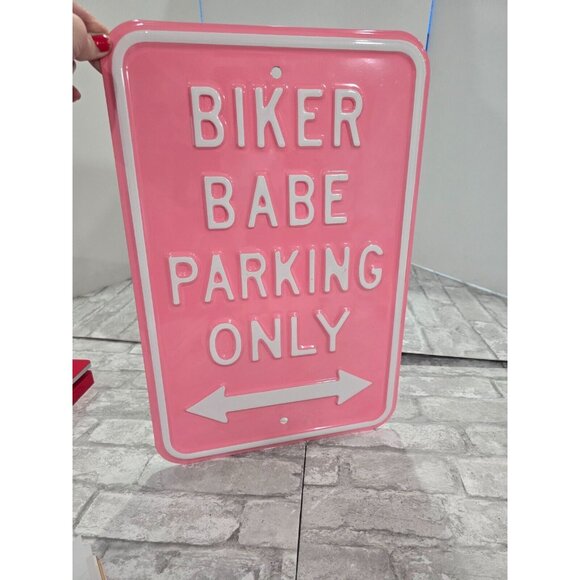 Biker Babe Parking Only Embossed Heavy Gague Steel Sign Pink White‎ 18" x 12" - Picture 1 of 7
